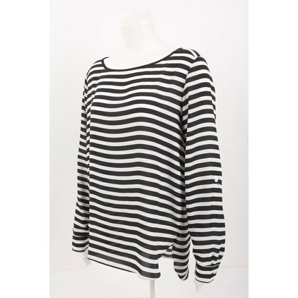 Loft Womens Shirt Blouse top Size M Navy Blue Stripe Long Sleeve Polyester - Picture 2 of 6